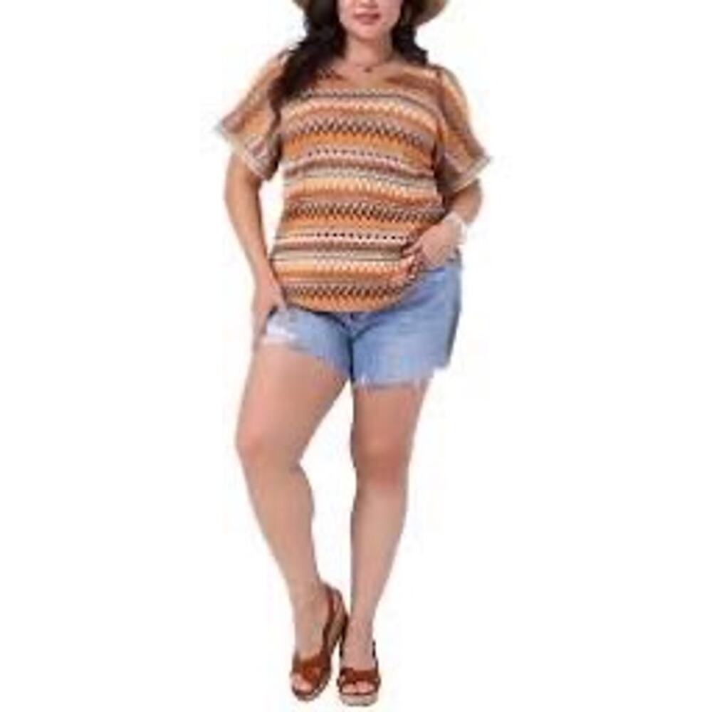 NWT Boho V Neck Short Sleeve Geo Print Summer Blouse - Agnes Orinda 1X Plus Size